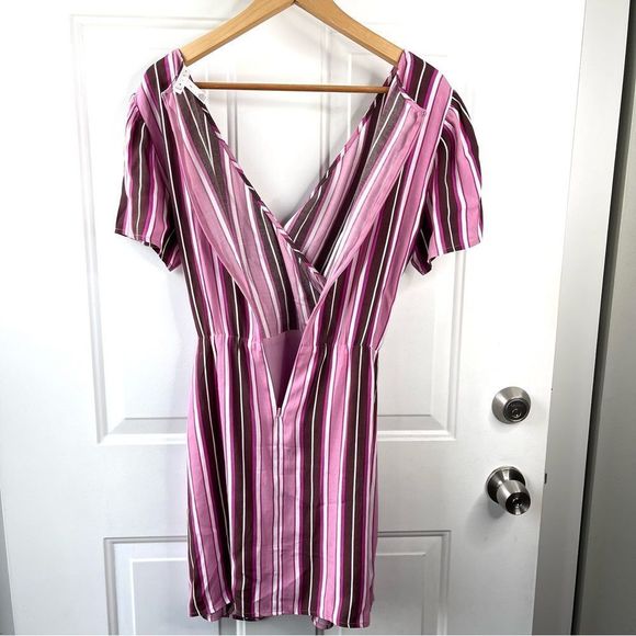 Leith multicolor print striped short sleeve V neck pink purple dress Sz Small - Picture 9 of 10